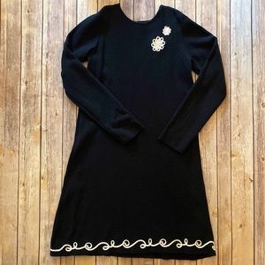 Hanna Andersson Black Sweater Dress with White Embroidery Design. Size 160=14/16